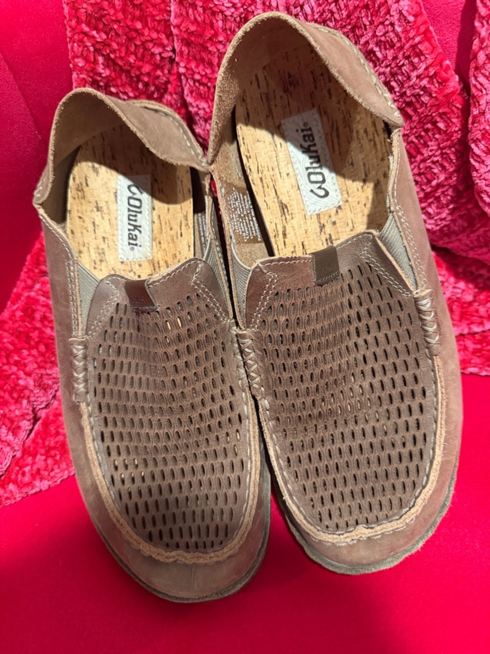 OluKai Men’s Brown Perforated Slip-On Loafers